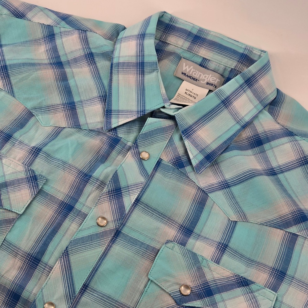 Wrangler Wrancher Western Shirt Men XL Turquoise Plaid Pearl Snap Short Sleeve